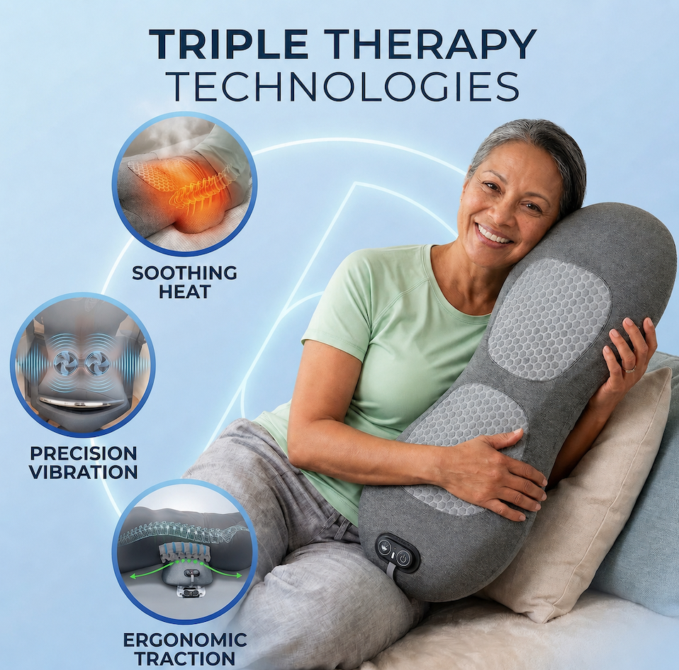 Woman holding SpineVora Triple Relief Pro with soothing heat, precision vibration and ergonomic traction features